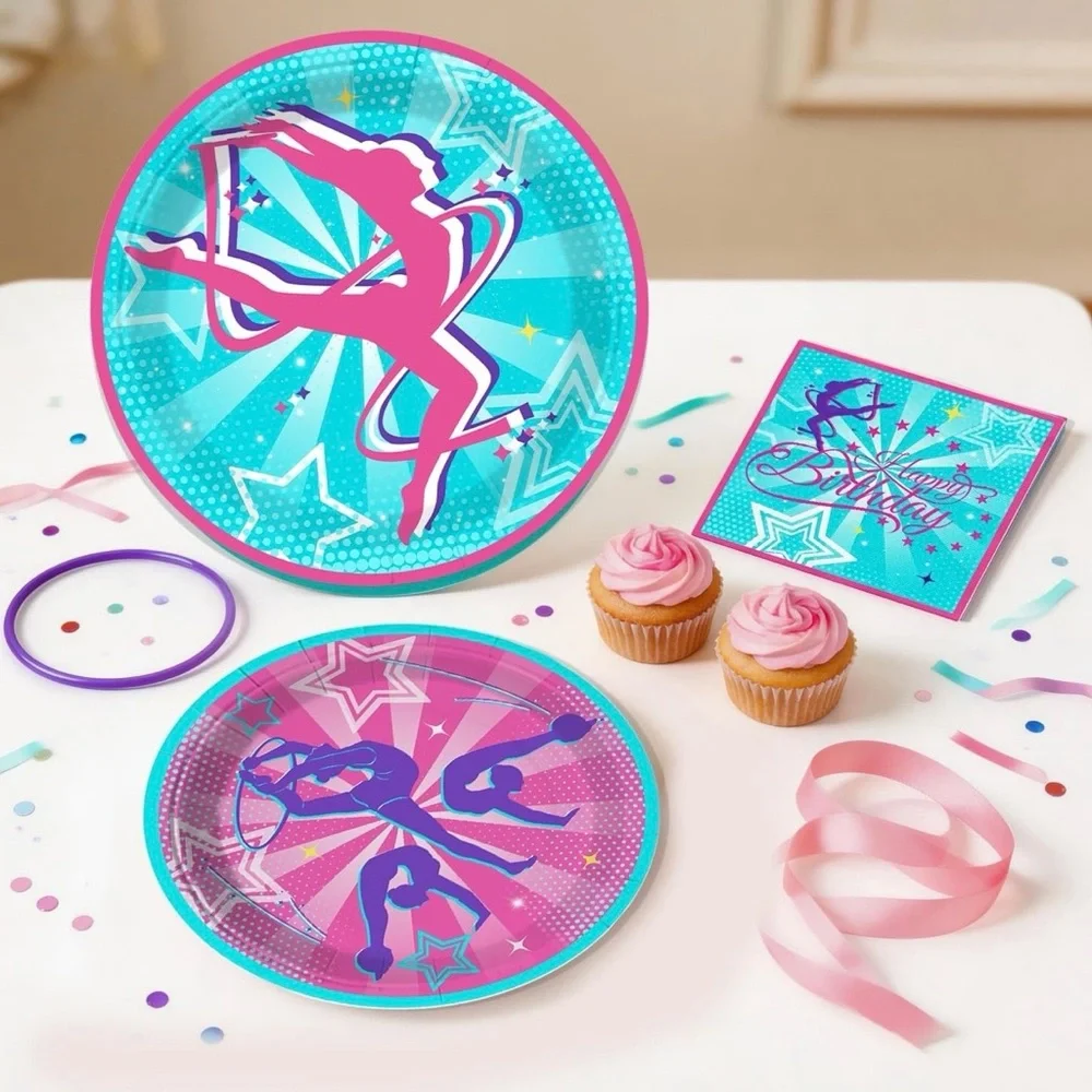 Gymnastics Birthday Party Supplies Set 20 Guests Pink Teal Decorations Kit